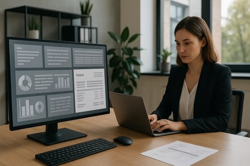 Mitarbeiterin verarbeitet eine digitale Rechnung am Laptop, während ein Dashboard mit Auswertungen und Dokumentenansicht auf dem Monitor angezeigt wird.