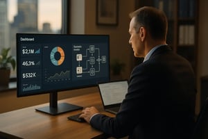 Manager analysiert KPI-Dashboard am Monitor mit Kennzahlen, Diagrammen und Prozessübersicht, während er am Schreibtisch am Laptop arbeitet.