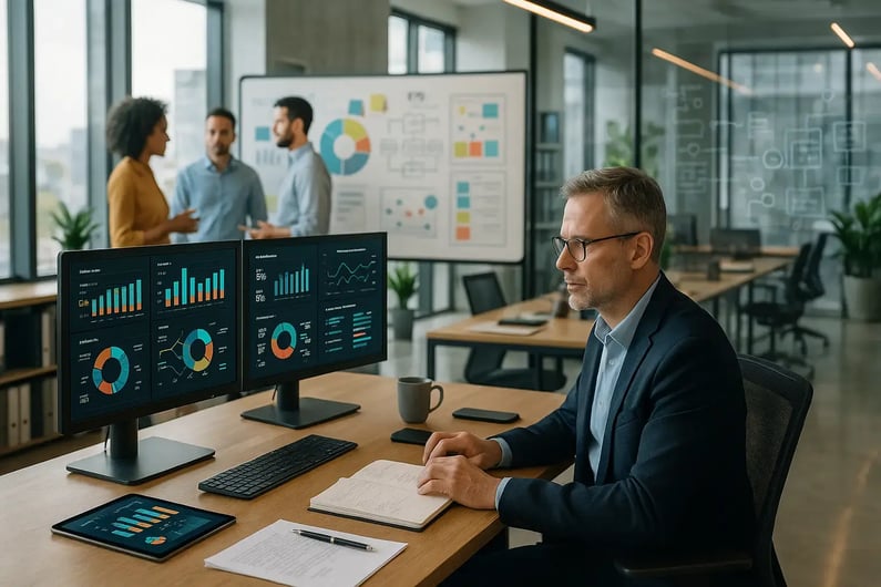 Analyst im modernen Büro wertet KPI-Dashboards mit Diagrammen und Reportings am Dual-Monitor aus, Team bespricht Strategietafel im Hintergrund