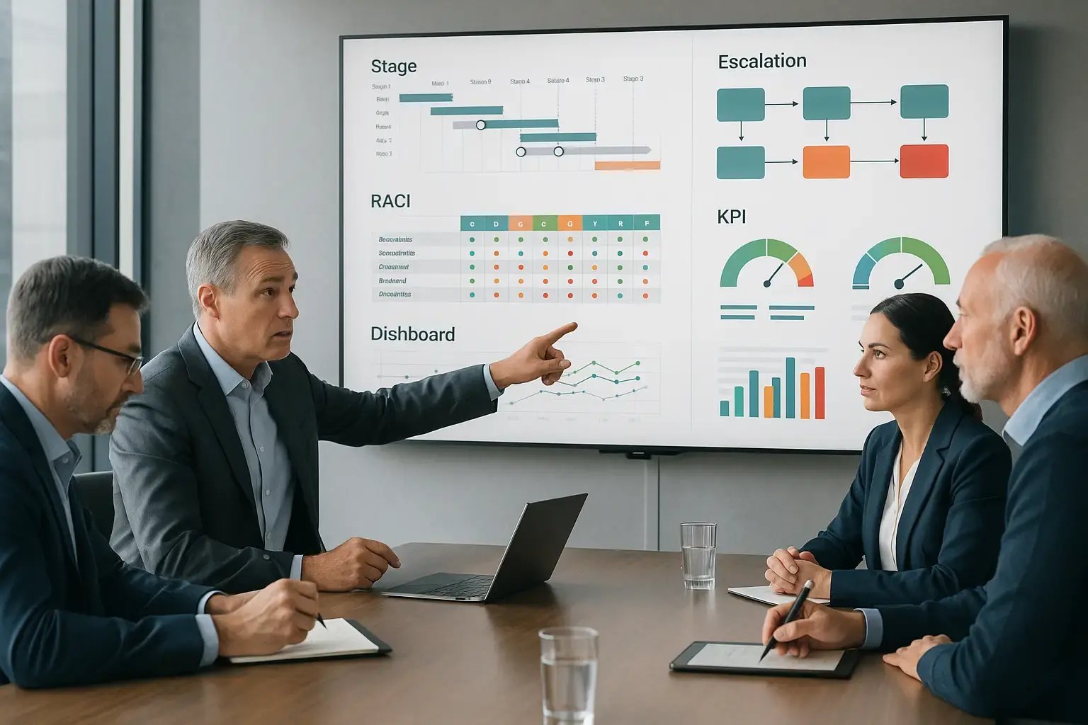 Meeting mit Führungsteam vor großem Dashboard: Präsentation von RACI-Matrix, Eskalationspfad, Stage-Planung und KPI-Visualisierungen.