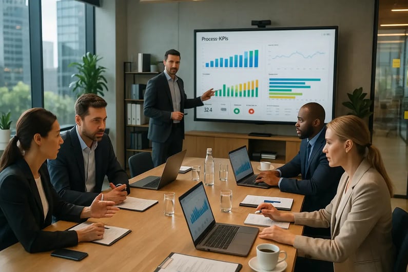 Team-Meeting im Konferenzraum: Präsentation von Process-KPIs mit Diagrammen auf großem Bildschirm, Teilnehmende arbeiten mit Laptops und Notizen.