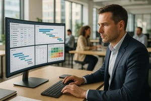 Mitarbeiter arbeitet im Büro am Desktop und analysiert ein Projektmanagement-Dashboard mit Zeitplan, Fortschrittsbalken und Statusübersicht.