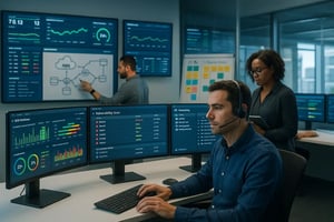 Security Operations Center: Analyst mit Headset überwacht Vulnerability-Scan und KPI-Dashboards auf mehreren Monitoren, Team arbeitet im Hintergrund.
