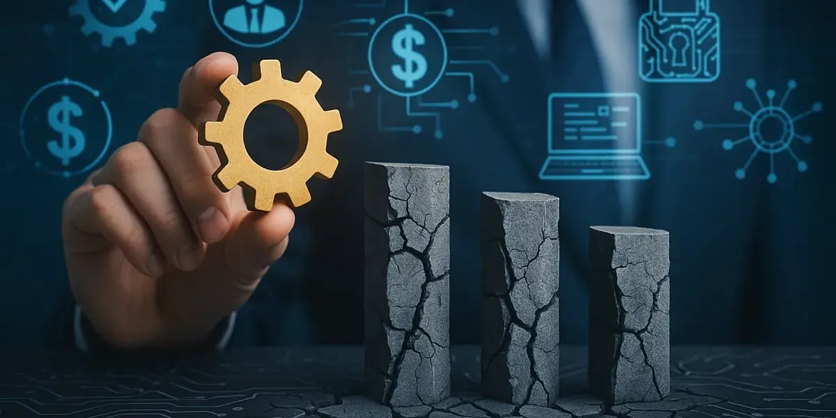 Symbolisches Bild mit goldfarbenem Zahnrad und zerbrochenen Säulen vor digitalen Finanz- und Sicherheitssymbolen.