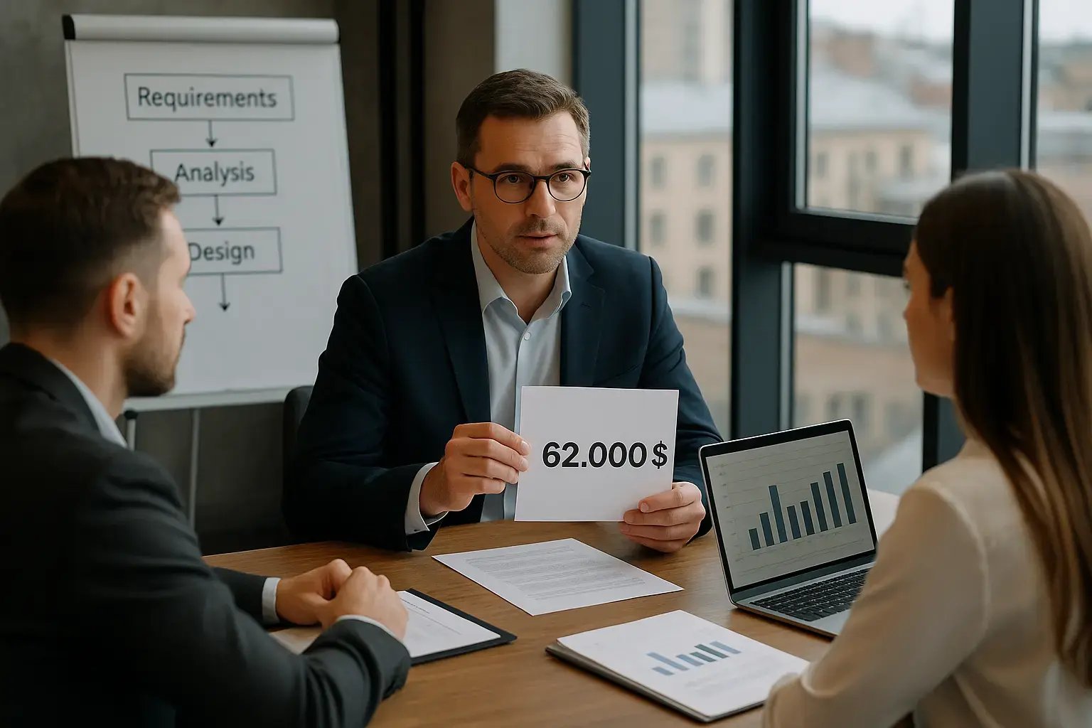 Präsentation eines Betrags von 62.000$ in einem Meeting.