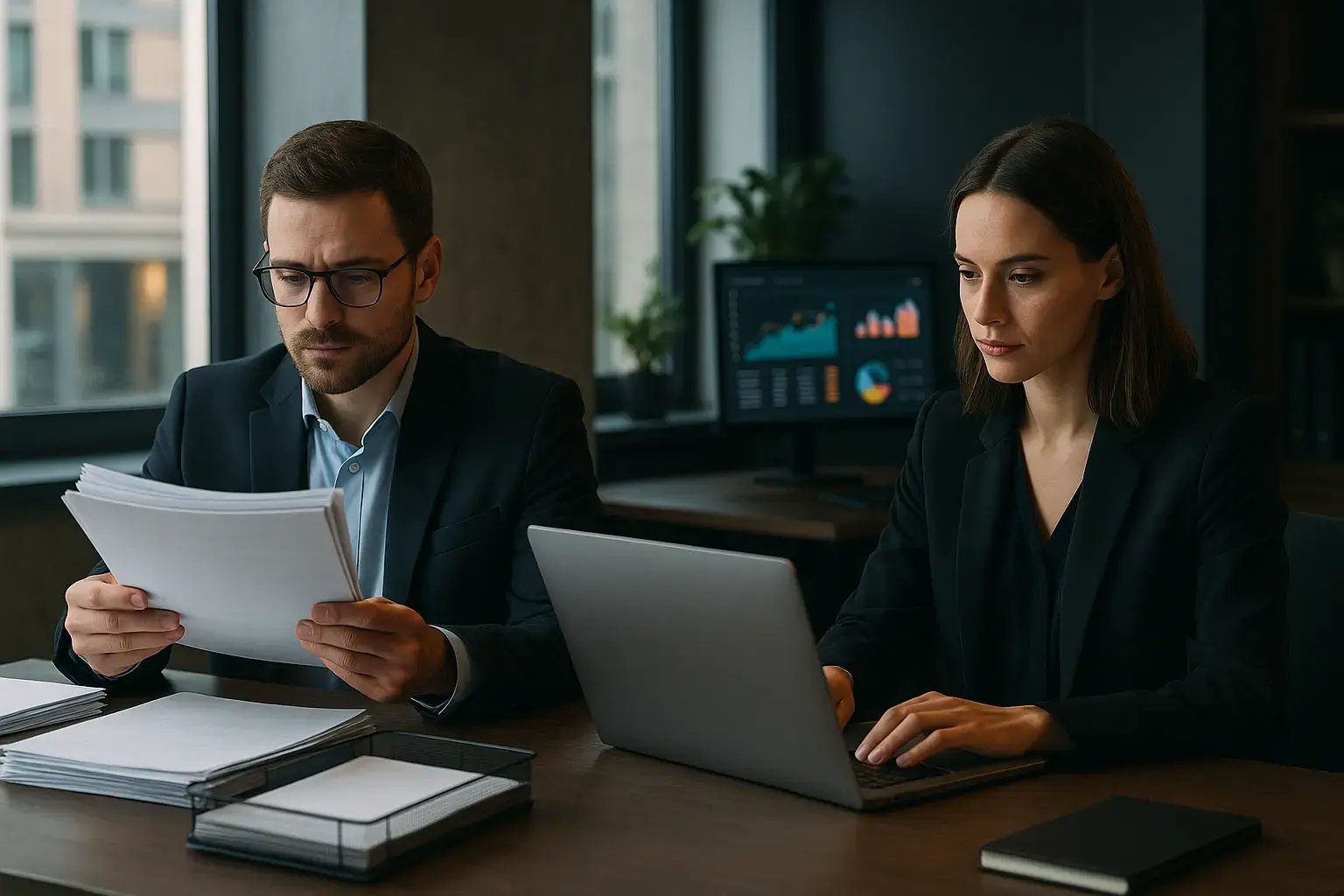 Ein Mann und eine Frau in formeller Kleidung arbeiten in einem Büro. Der Mann liest Dokumente, während die Frau am Laptop arbeitet.