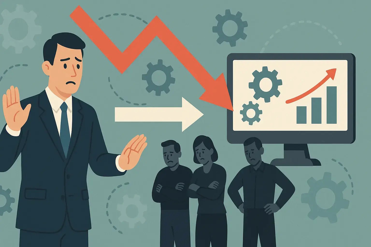 Illustration of a businessman addressing a team during a challenging change process.