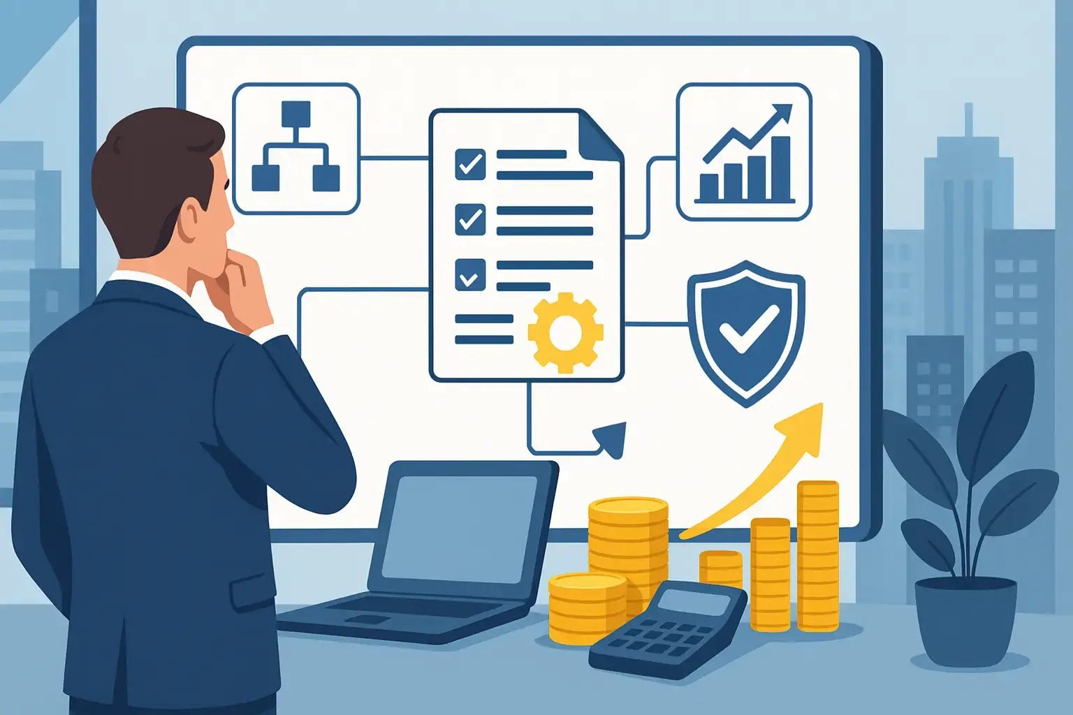 Illustration eines Geschäftsmanns, der ein Whiteboard mit Checklisten, Diagrammen und Sicherheitssymbolen betrachtet; daneben Laptop, Münzstapel und Taschenrechner.