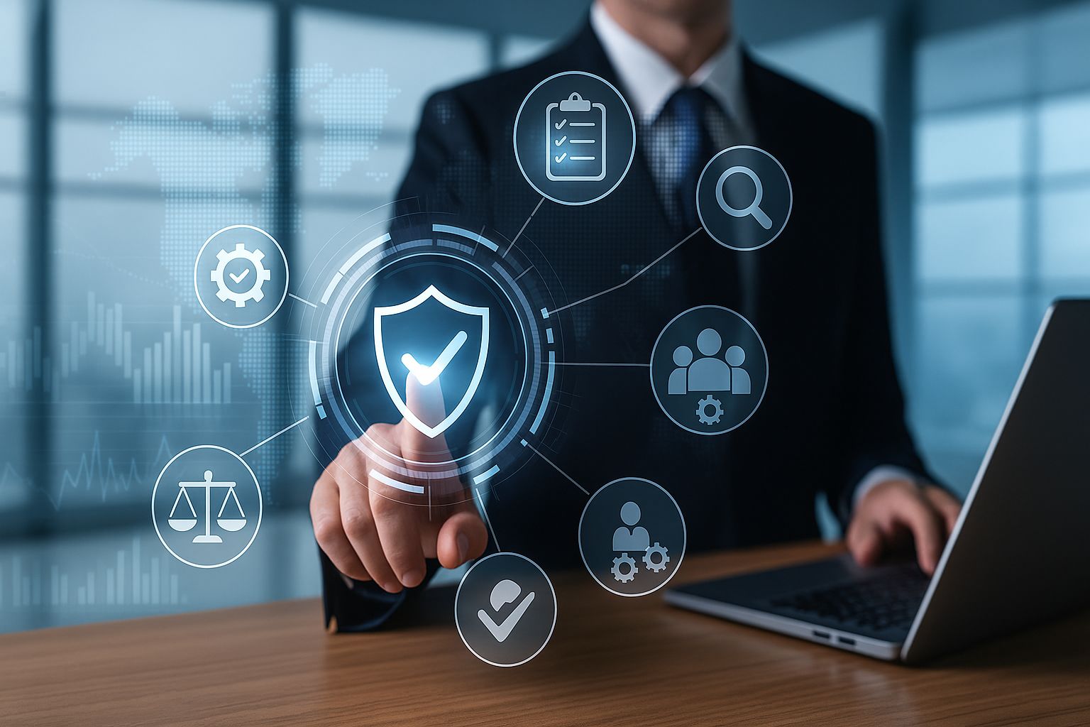 Geschäftsperson interagiert mit digitalem Interface für IT-Sicherheit und Compliance-Management.