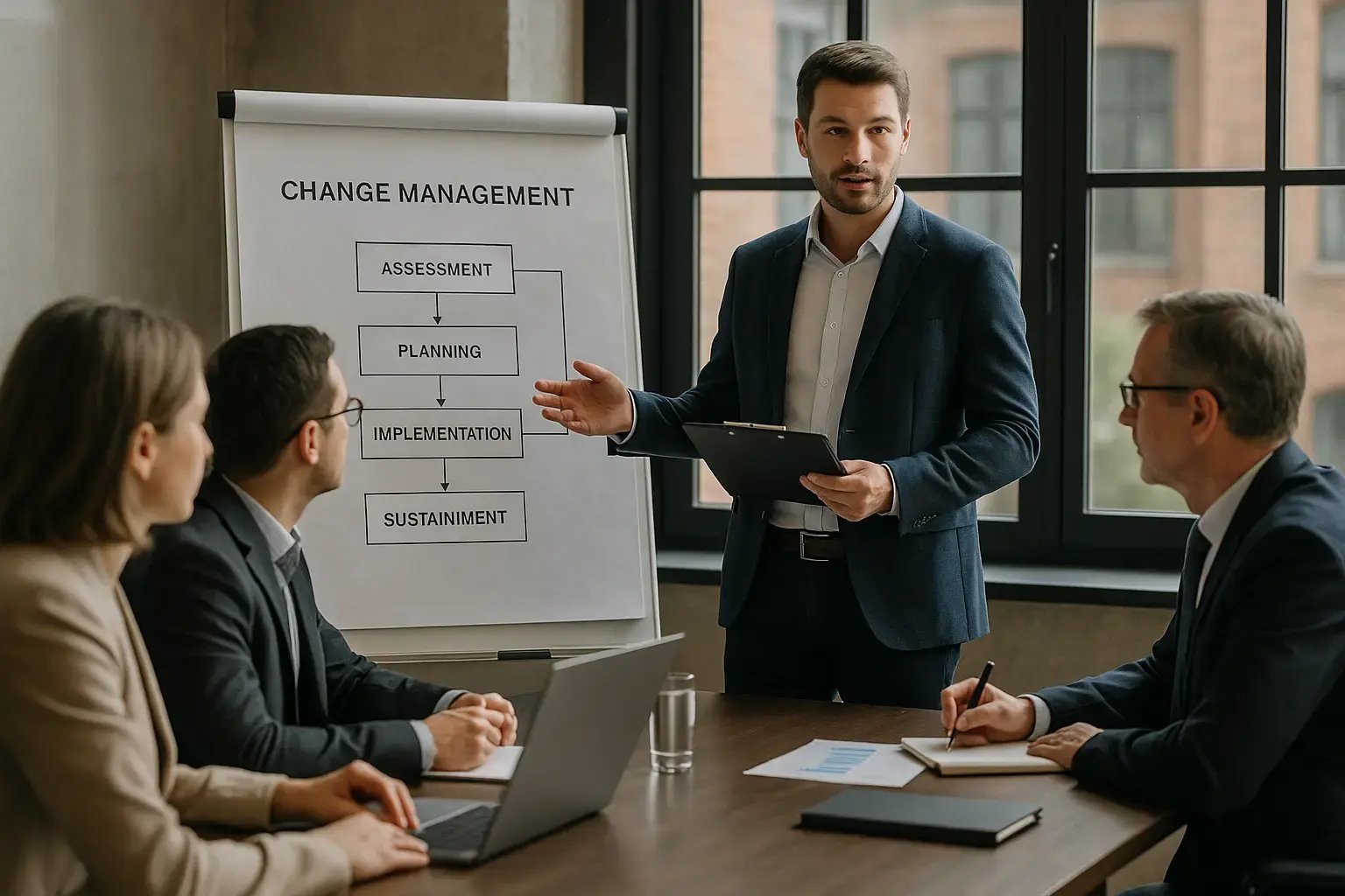 Ein Business-Meeting mit Präsentation zur Veränderungsmanagement-Strategie.