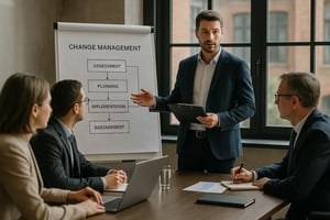 Ein Business-Meeting mit Präsentation zur Veränderungsmanagement-Strategie.