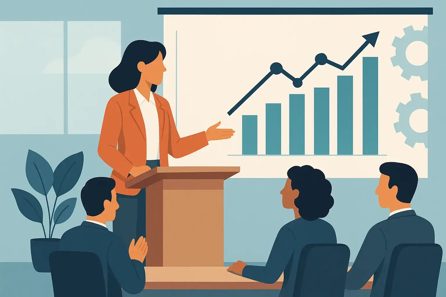 Illustration einer Frau, die vor einem Team eine Präsentation mit wachsendem Balkendiagramm und Trendlinie hält.