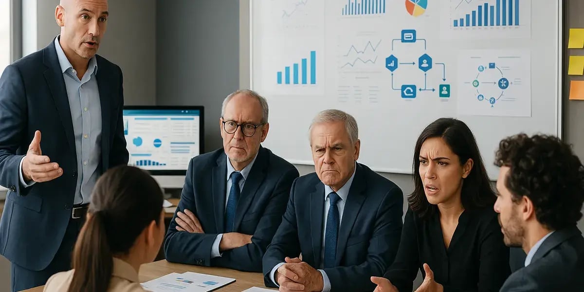 Geschäftstreffen mit mehreren Personen, die intensiv über Diagramme und Daten auf einem Whiteboard diskutieren.