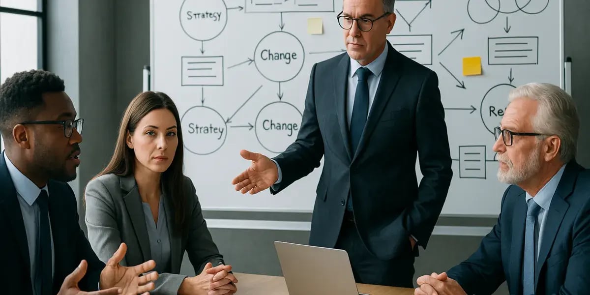 Team von Geschäftsleuten in einem Meeting zur strategischen Planung vor einem Whiteboard mit Diagrammen.