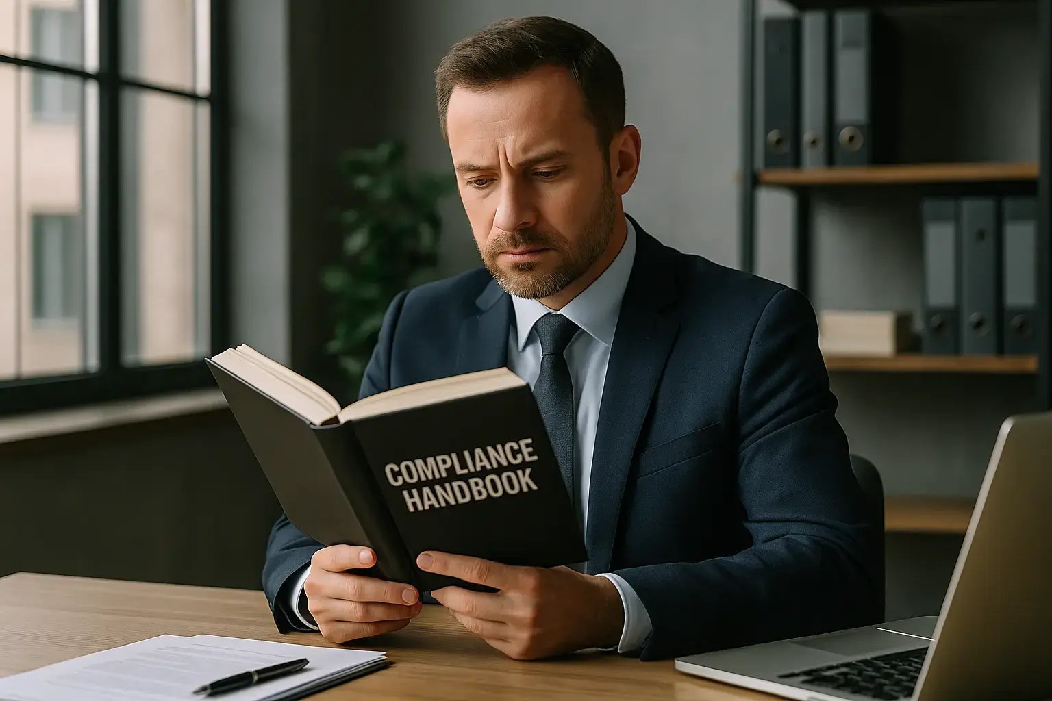 Ein Businessmann liest ein Compliance-Handbuch in einem modernen Büro.
