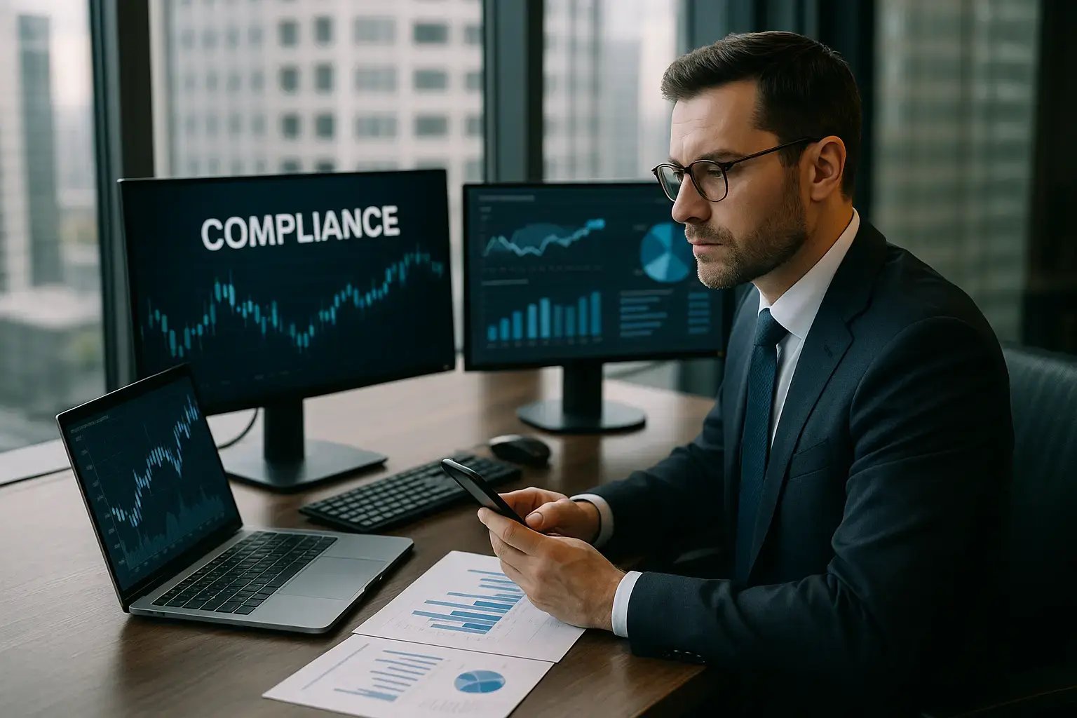 Ein Business-Profi analysiert Finanzdaten auf mehreren Bildschirmen, während er ein Mobiltelefon in der Hand hält.