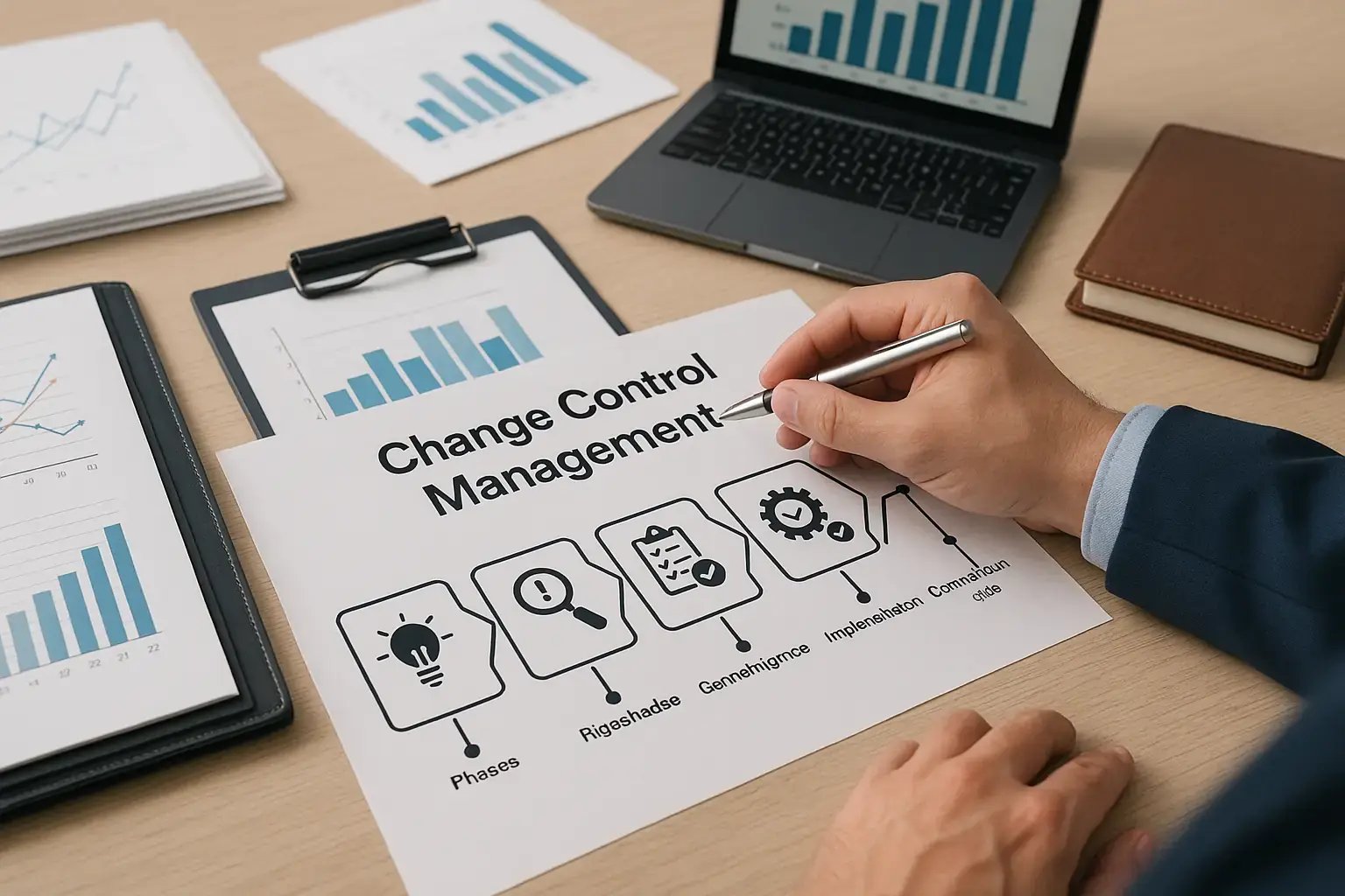Hand eines Geschäftsmanns zeigt auf ein Change-Control-Management-Diagramm mit Phasen und Prozessen auf einem Schreibtisch voller Diagramme.