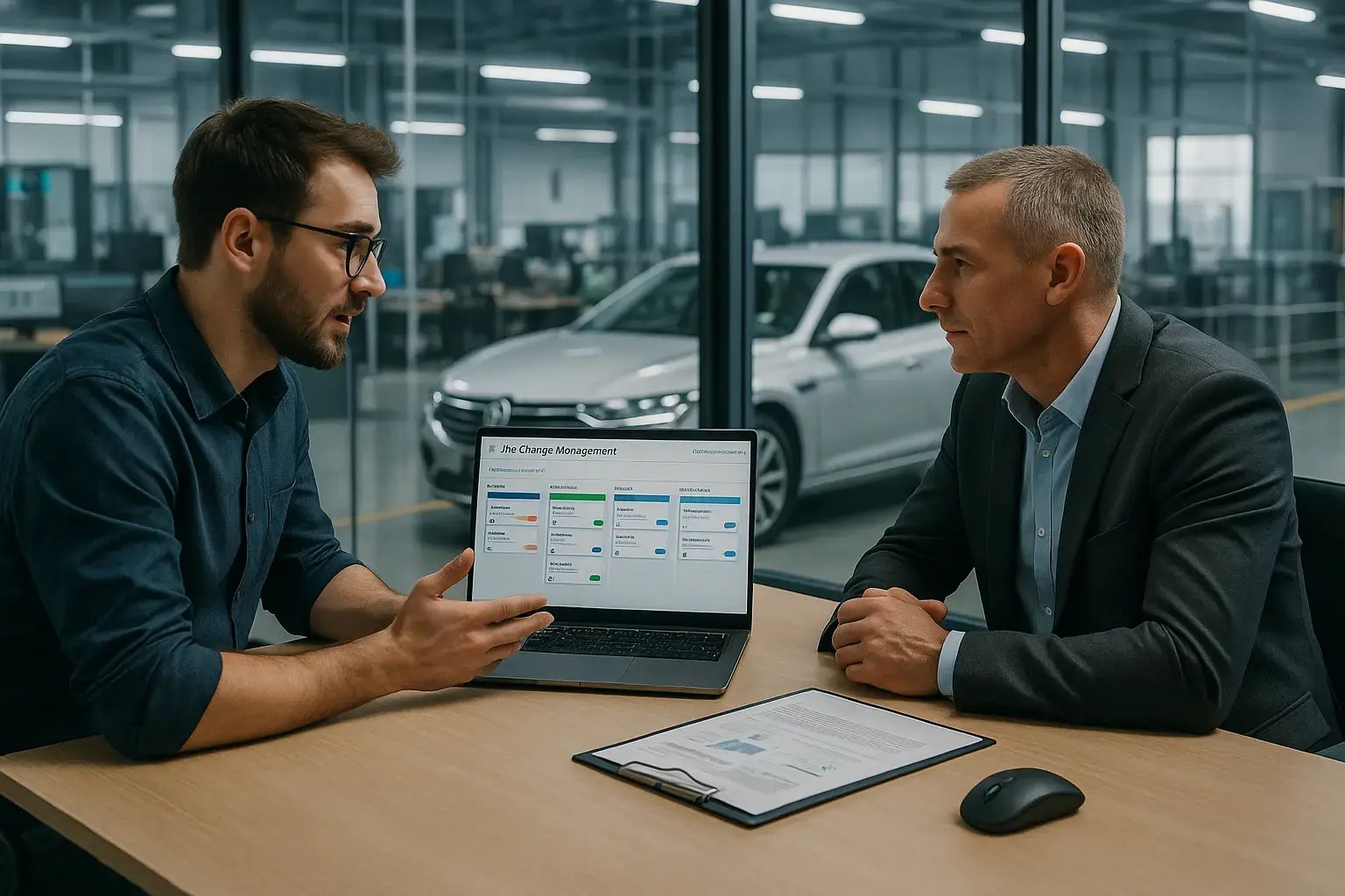 Zwei Fachleute diskutieren über Change Management während einer Besprechung vor einem Laptop in einem modernen Büro.