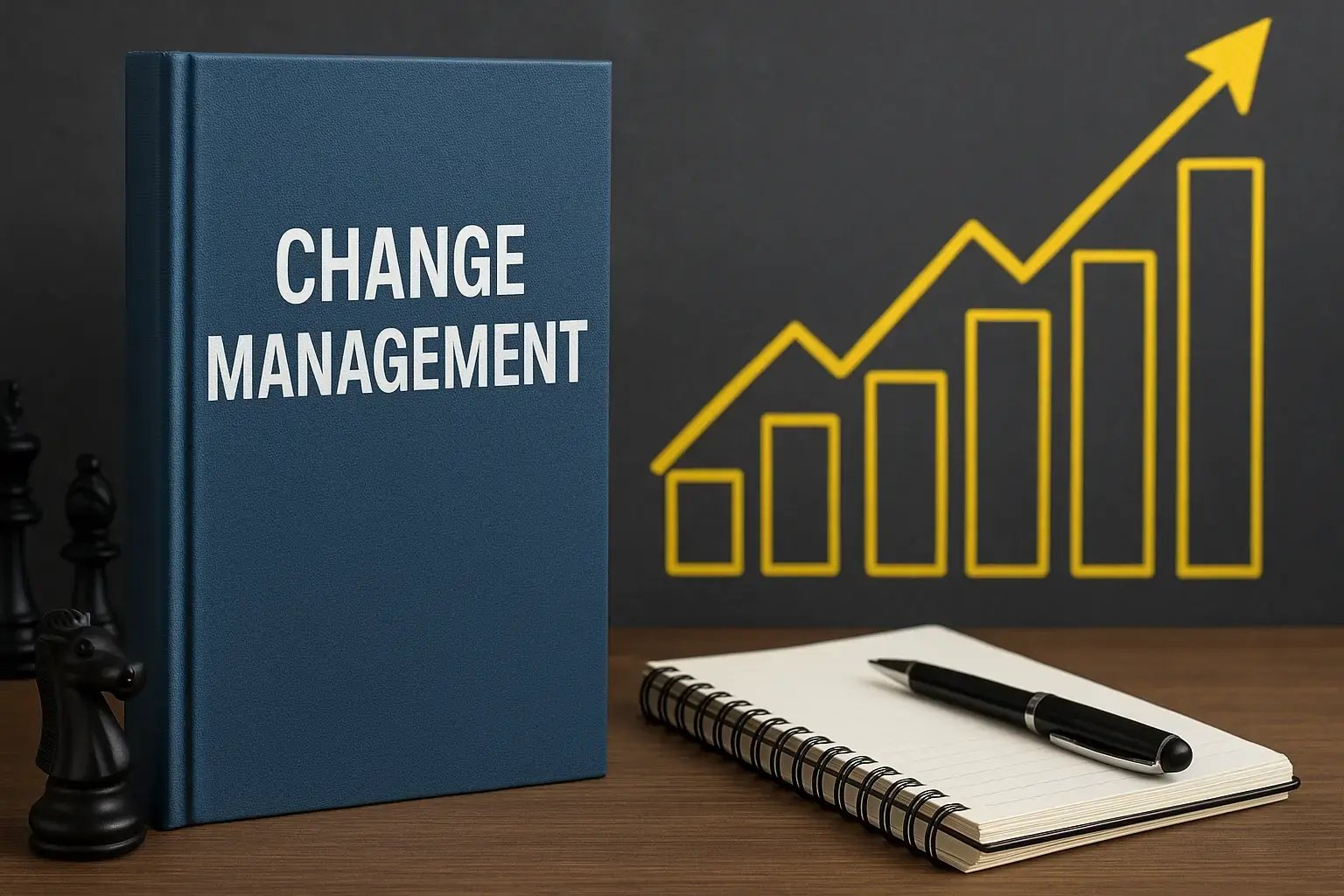 Change Management Buch mit Notizbuch und Diagramm auf einem Tisch.