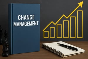 Change Management Buch mit Notizbuch und Diagramm auf einem Tisch.