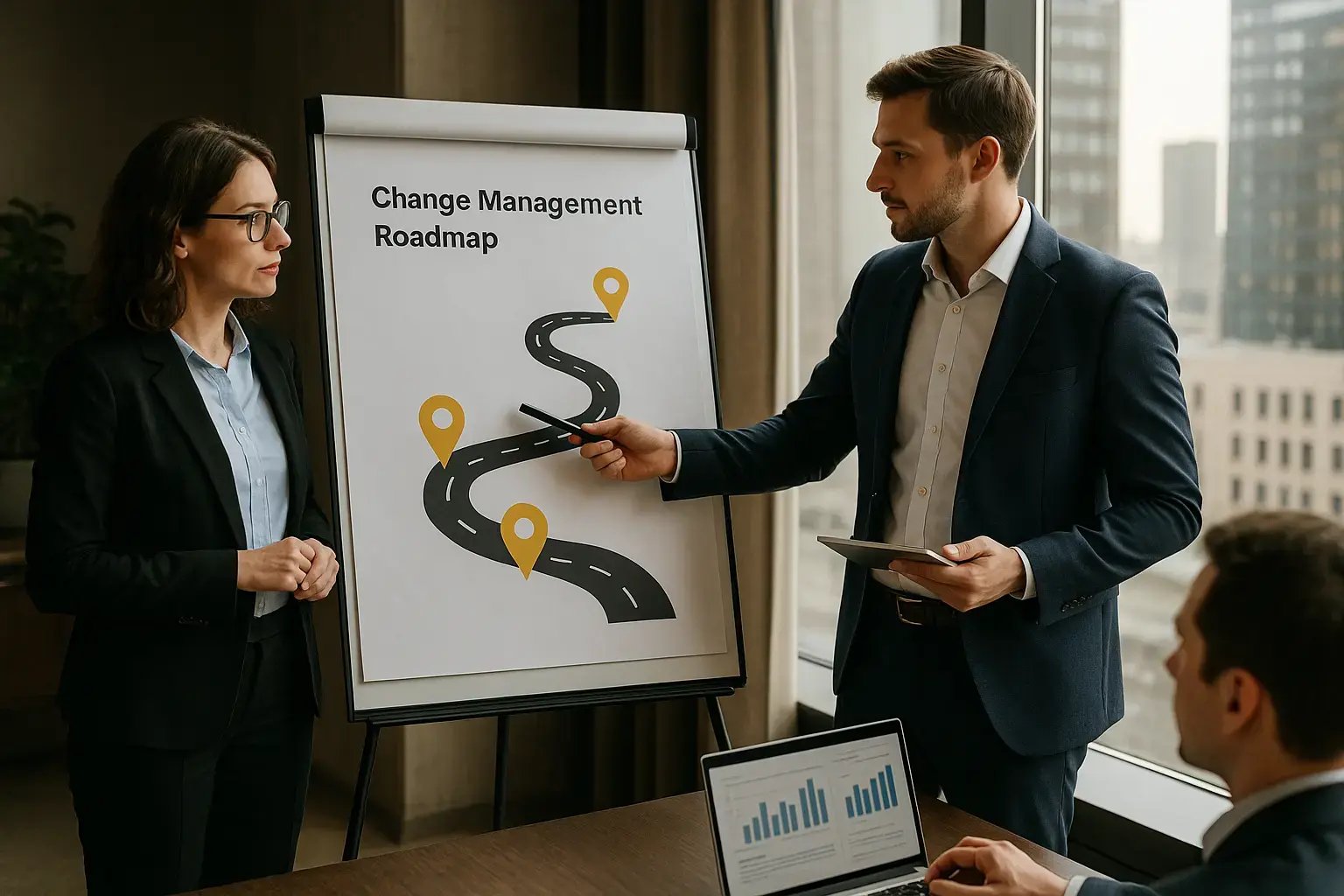 Zwei Fachleute präsentieren einen Change Management Plan während einer Besprechung.
