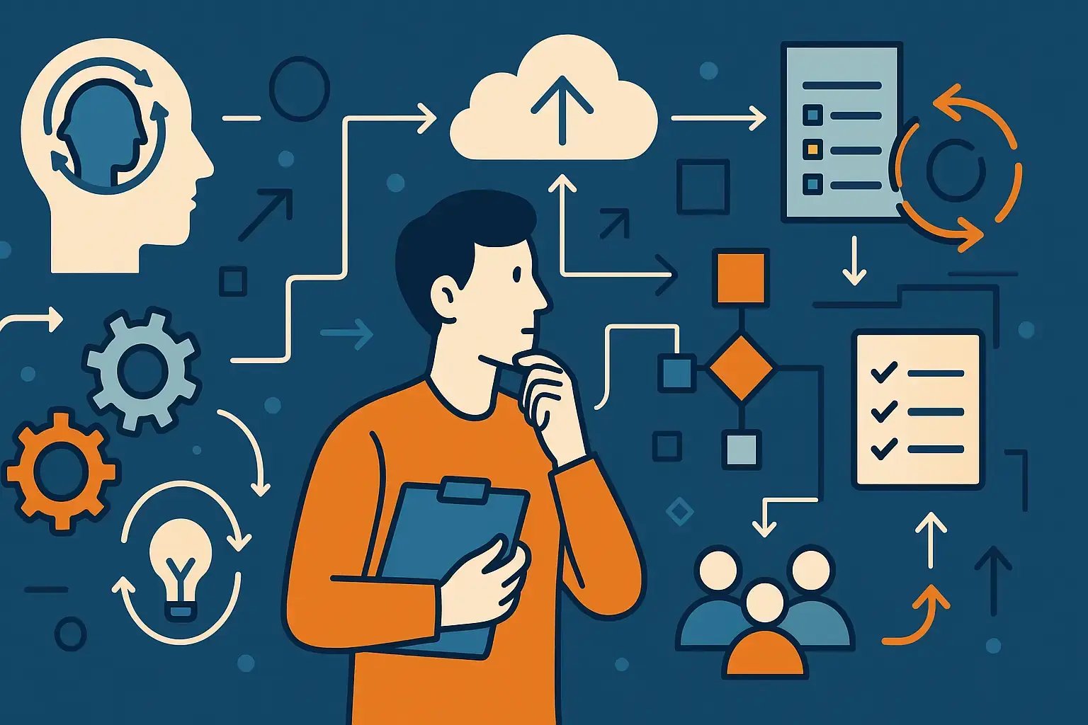 Illustration einer nachdenklichen Person umgeben von Change-Management-Prozessen, Checklisten, Cloud-Symbolen und Ablaufdiagrammen.