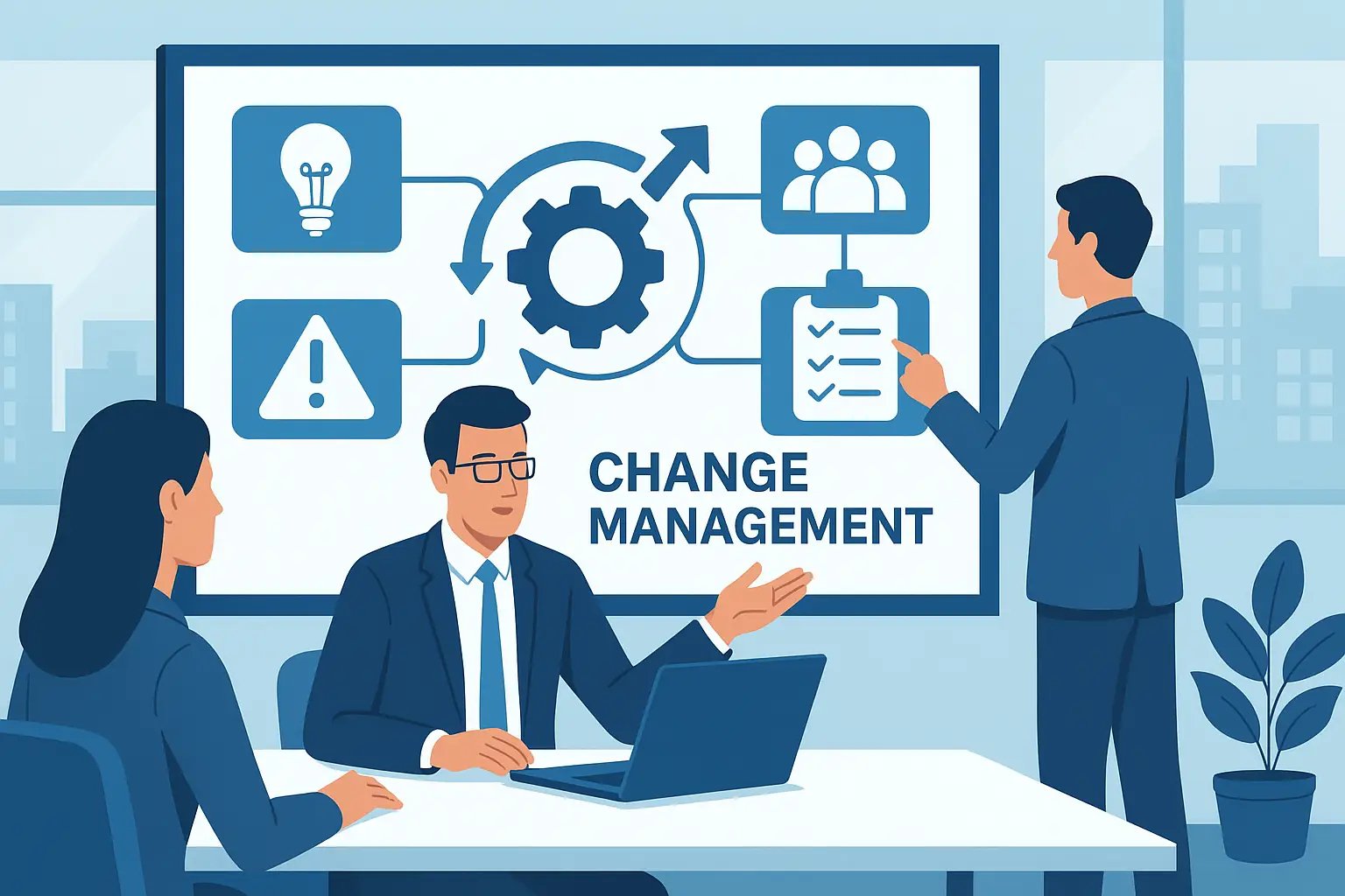 Illustration eines Geschäftsteams, das in einem Meeting über Change Management mit Diagrammen, Symbolen und Prozessabläufen spricht.