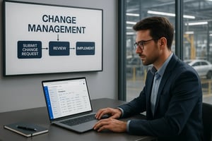 Ein Fachmann, der an seinem Laptop arbeitet, während ein Diagramm für Change Management an der Wand angezeigt wird.
