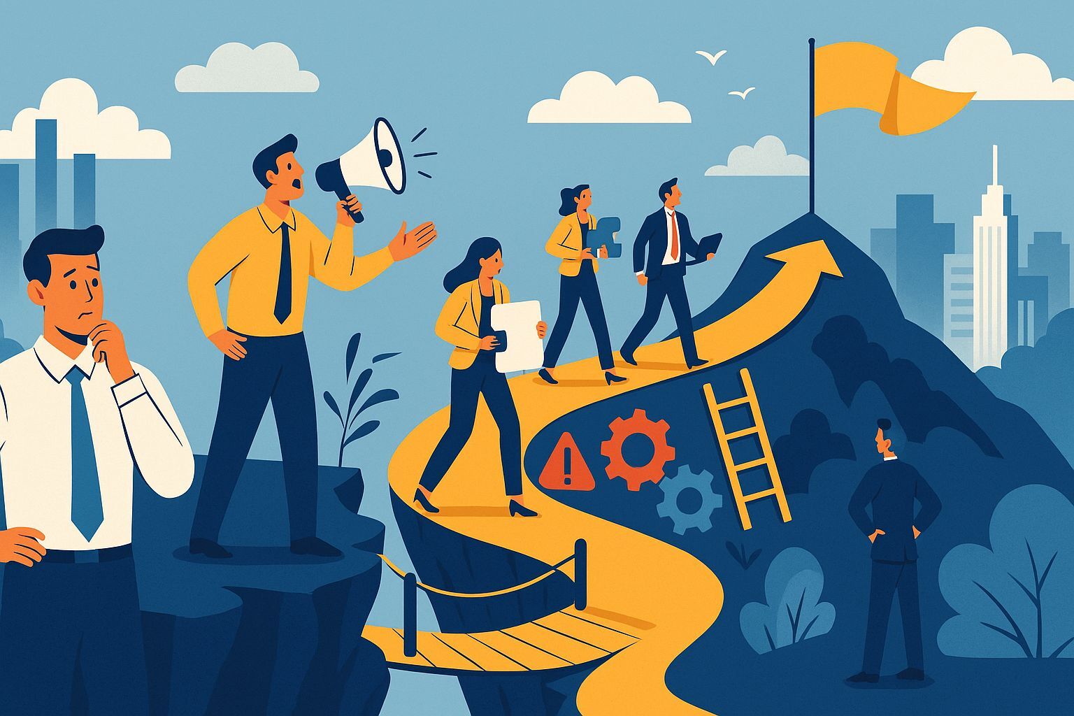 Illustration eines Teams, das gemeinsam Hindernisse überwindet und strategische Ziele im Unternehmen erreicht.