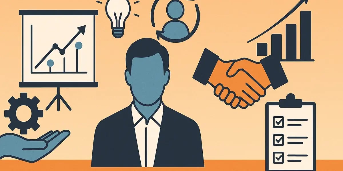 Illustration mit Businessperson, Diagrammen, Checkliste und Handschlag – Symbolbild für Veränderungsprozesse und Unternehmensentwicklung.