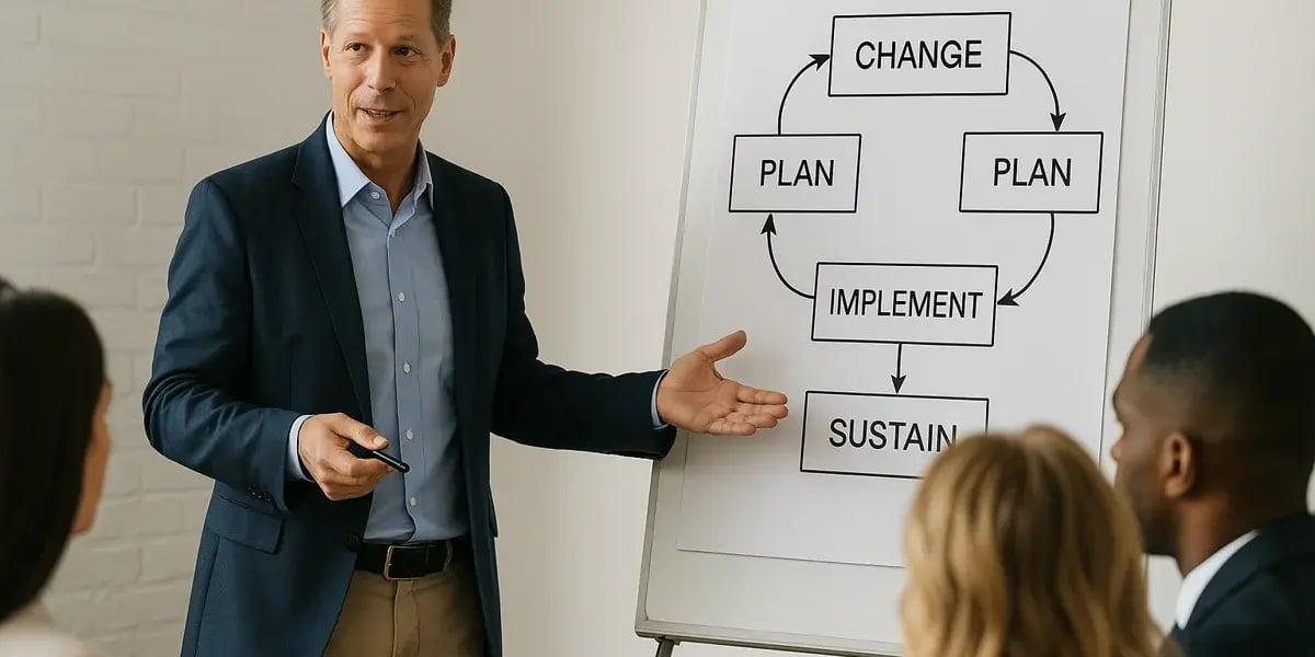 Trainer erklärt Change-Management-Zyklus an Flipchart mit den Schritten Plan, Implement, Sustain – Schulung zur erfolgreichen Veränderung.