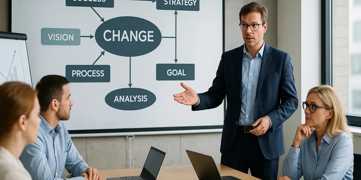 Business-Meeting mit Präsentation zu Change Management, bei der ein Mann Prozesse und Strategien erklärt.
