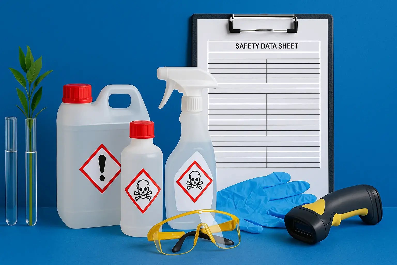 Sicherheitsdatenblätter und Chemikalien mit Warnsymbolen auf blauer Fläche.