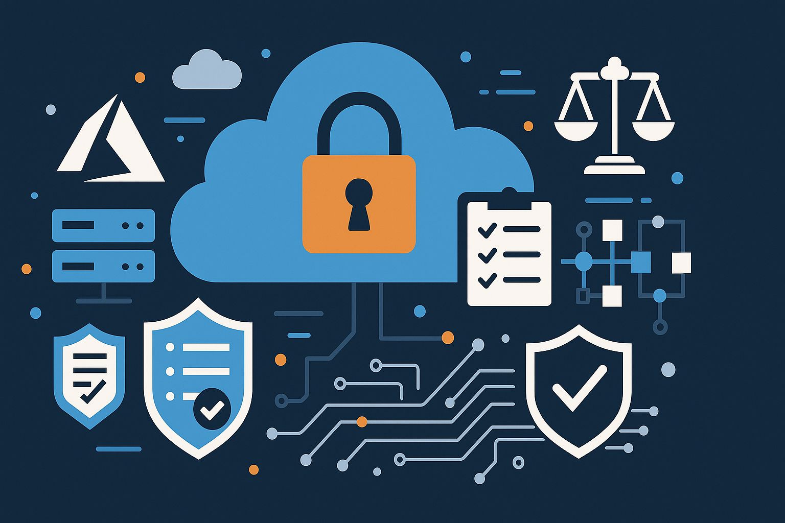 Illustration einer sicheren Cloud-Infrastruktur mit Schloss, Schutzschilden und IT-Symbolen.