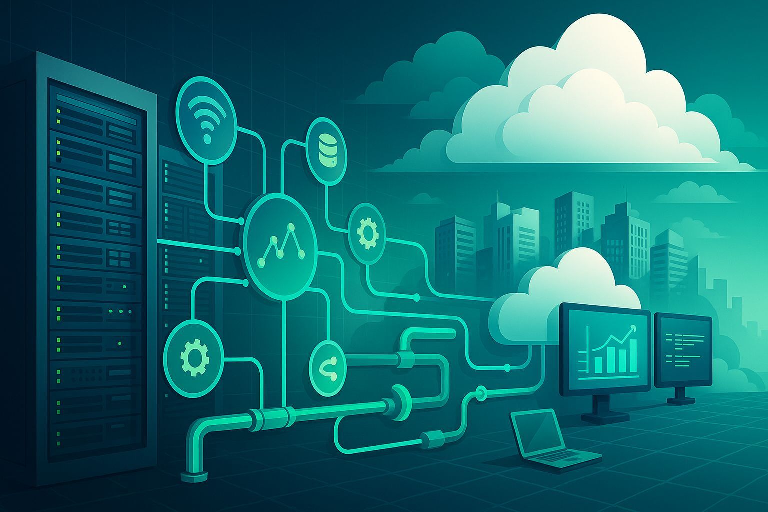Illustration einer vernetzten Cloud-Infrastruktur mit Servern, Datenleitungen und Analyse-Diagrammen.