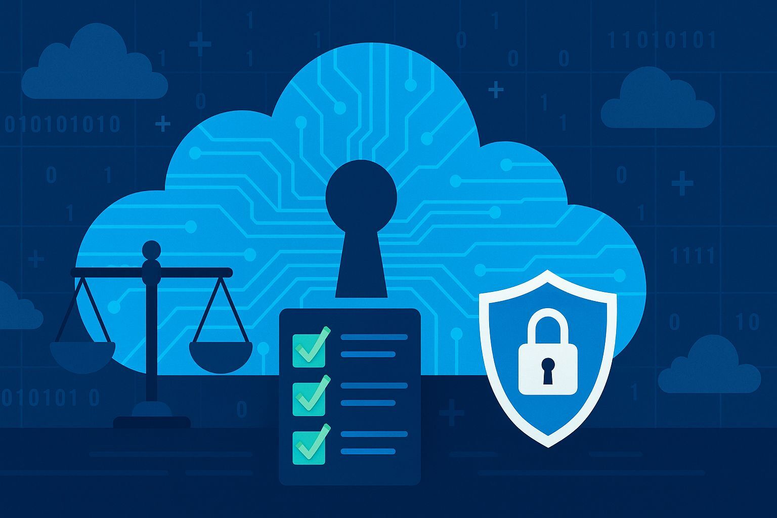 Symbolische Darstellung von Cloud-Sicherheit mit Datenschutzschild, Checkliste und Waage für Compliance.