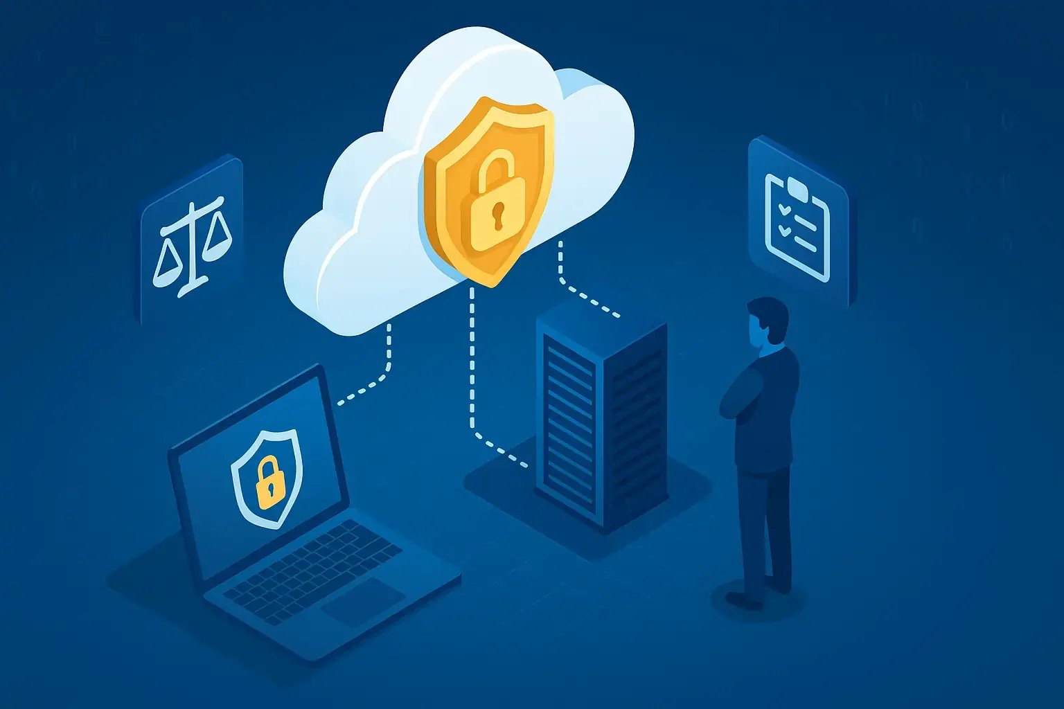 Illustration eines Mannes, der ein Cloud-Sicherheitskonzept mit Server, Laptop und Compliance-Symbolen betrachtet.