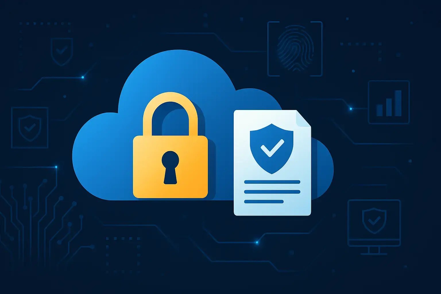 Symbolgrafik mit Wolke, Schloss und Sicherheitszertifikat – Darstellung von Cloud-Sicherheit und Datenschutz.