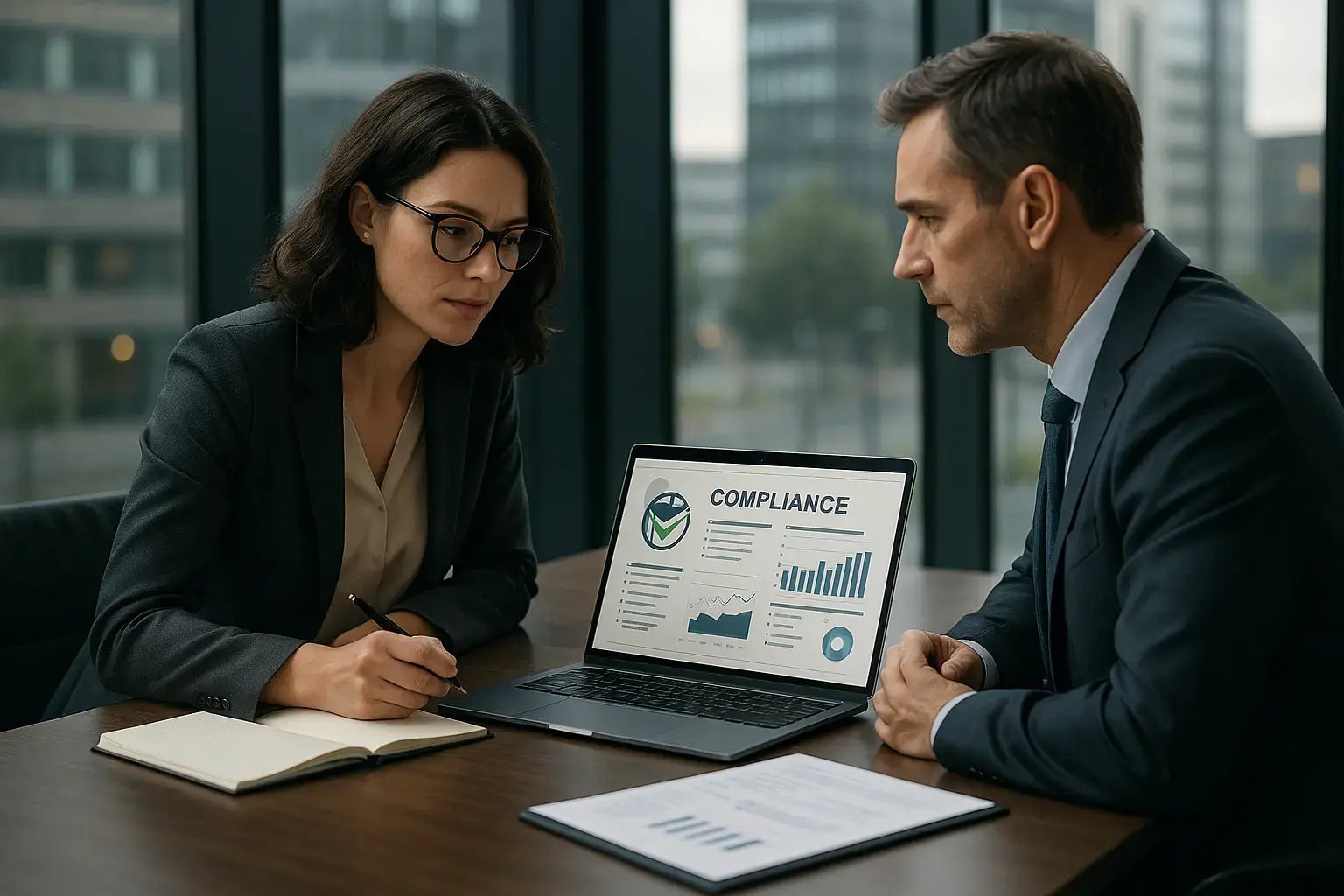 Zwei Fachleute analysieren Compliance-Daten am Laptop.
