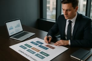 Mann erstellt Notizen zu einem Compliance-Rahmenwerk mit Diagrammen auf einem Tisch während einer Analyse-Sitzung.