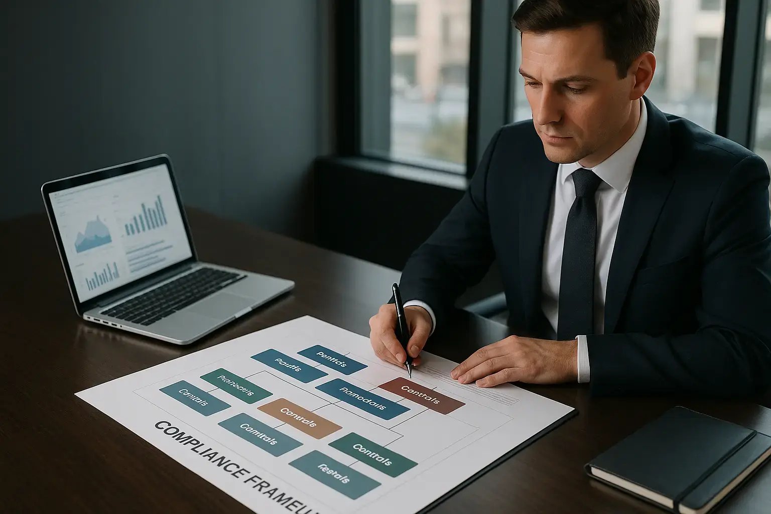 Mann erstellt Notizen zu einem Compliance-Rahmenwerk mit Diagrammen auf einem Tisch während einer Analyse-Sitzung.