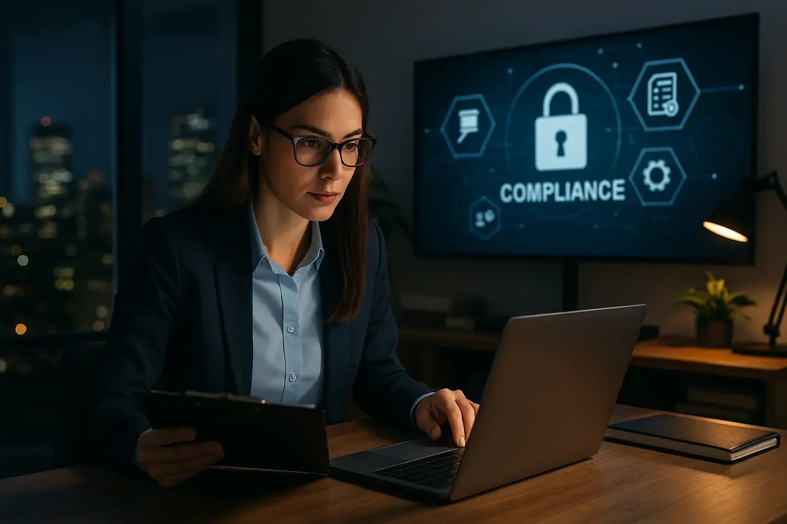 Frau arbeitet am Laptop mit Compliance-Daten in einem modernen Büro.