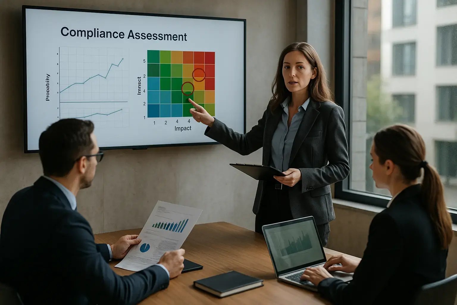 Eine Präsentation zur Compliance-Bewertung mit Grafiken in einem modernen Besprechungsraum.
