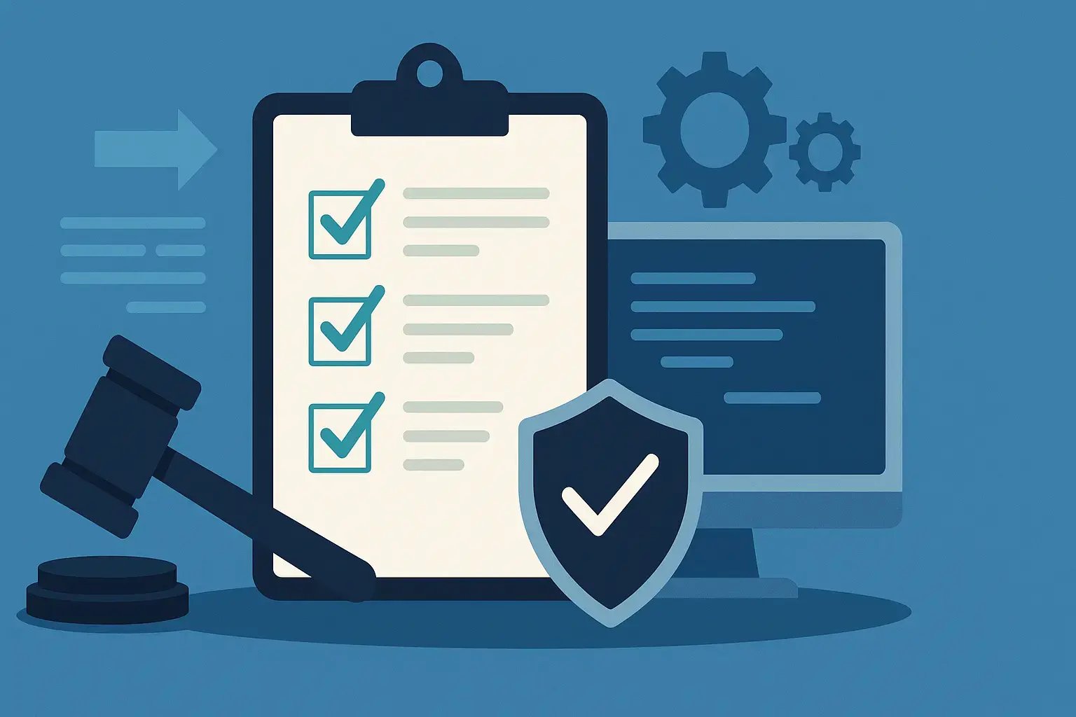 Illustration von Compliance-Checklisten und Sicherheitsmerkmalen.