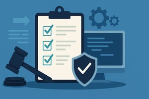 Illustration von Compliance-Checklisten und Sicherheitsmerkmalen.