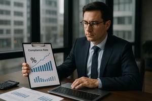 Ein Mann präsentiert die Compliance-Rate mit Diagrammen auf einem Clipboard.