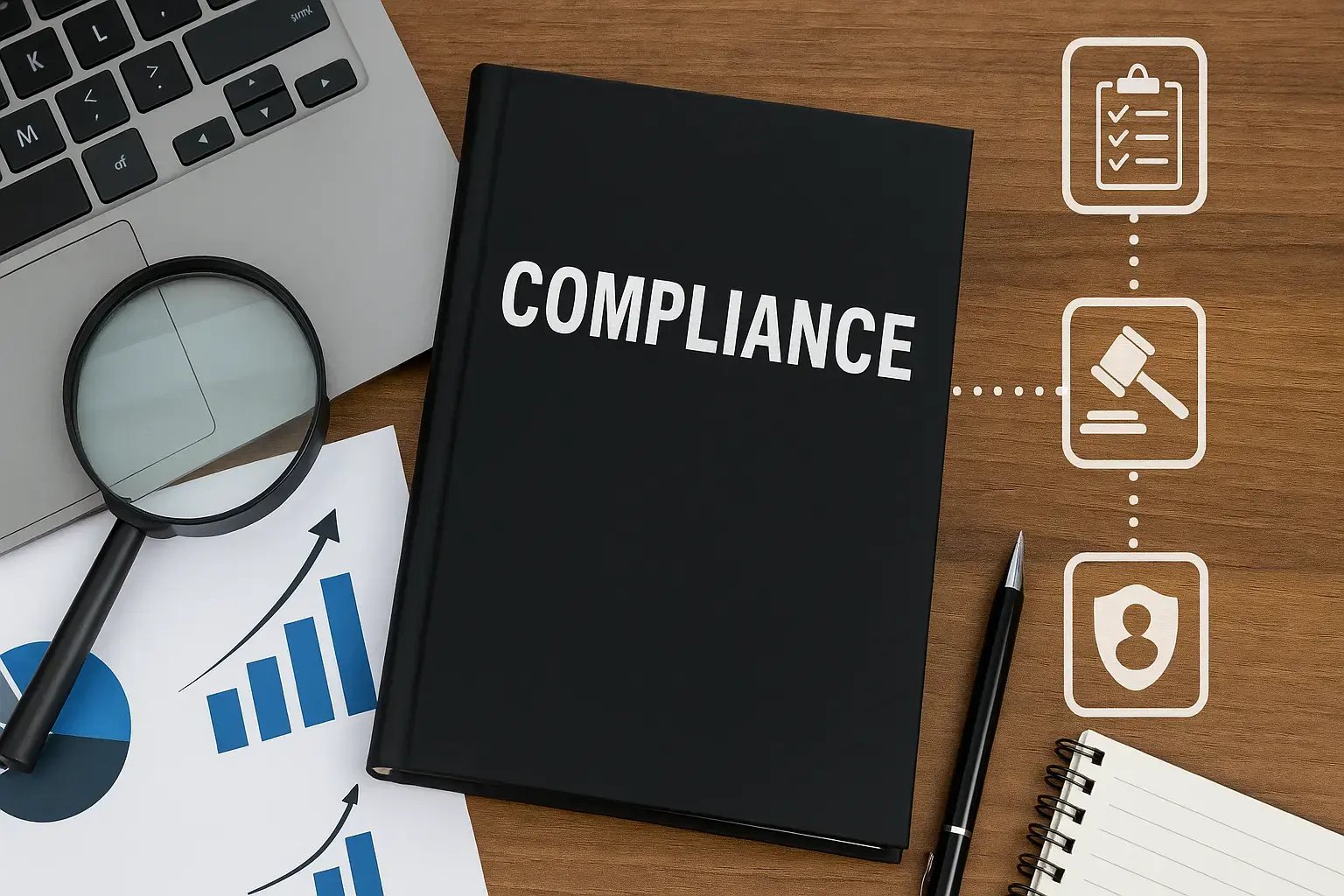 Arbeitsplatz mit Compliance-Dokumenten und einem Laptop auf einem Tisch.