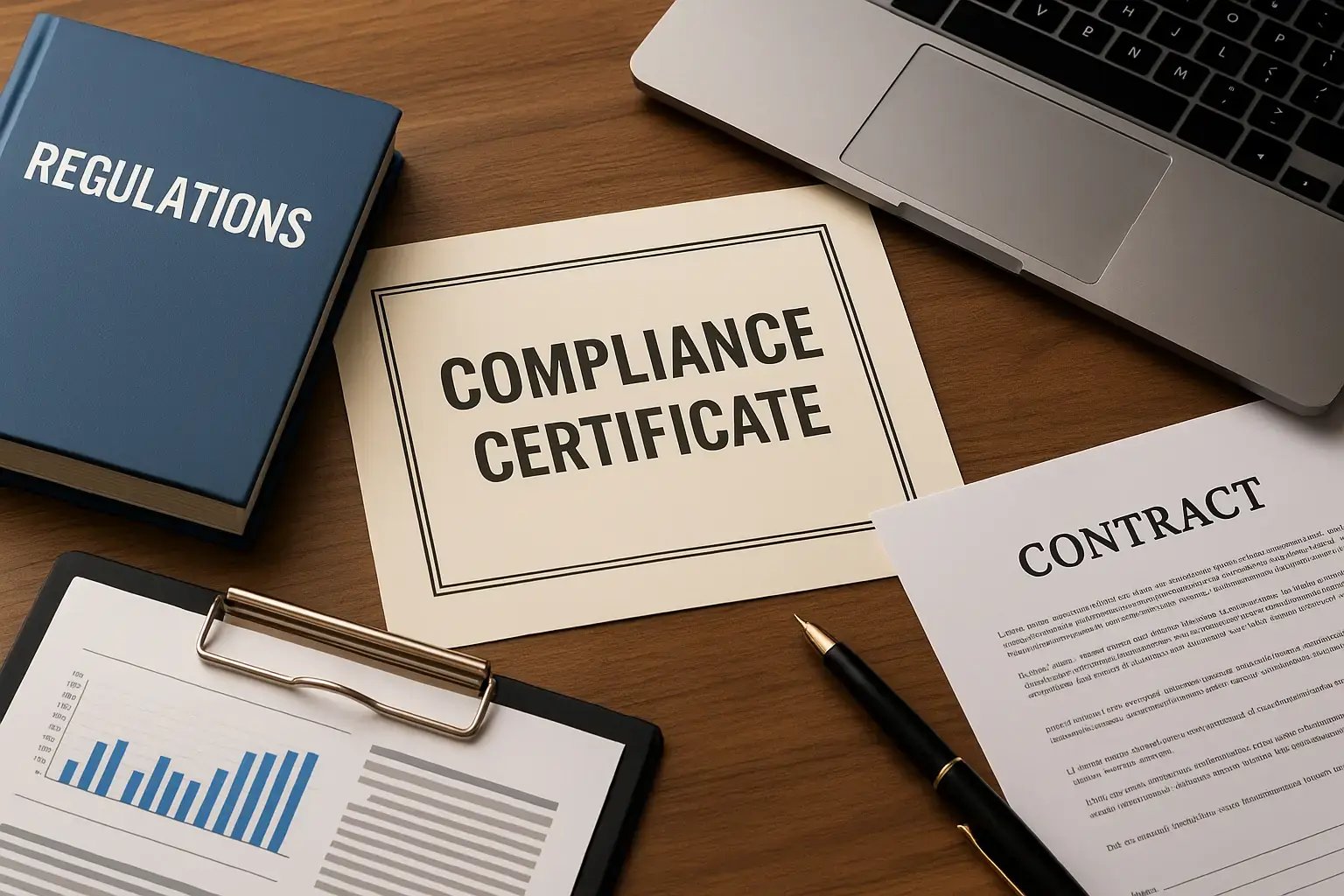 Compliance-Zertifikat auf einem Schreibtisch zwischen Regelwerk, Vertrag und Laptop.