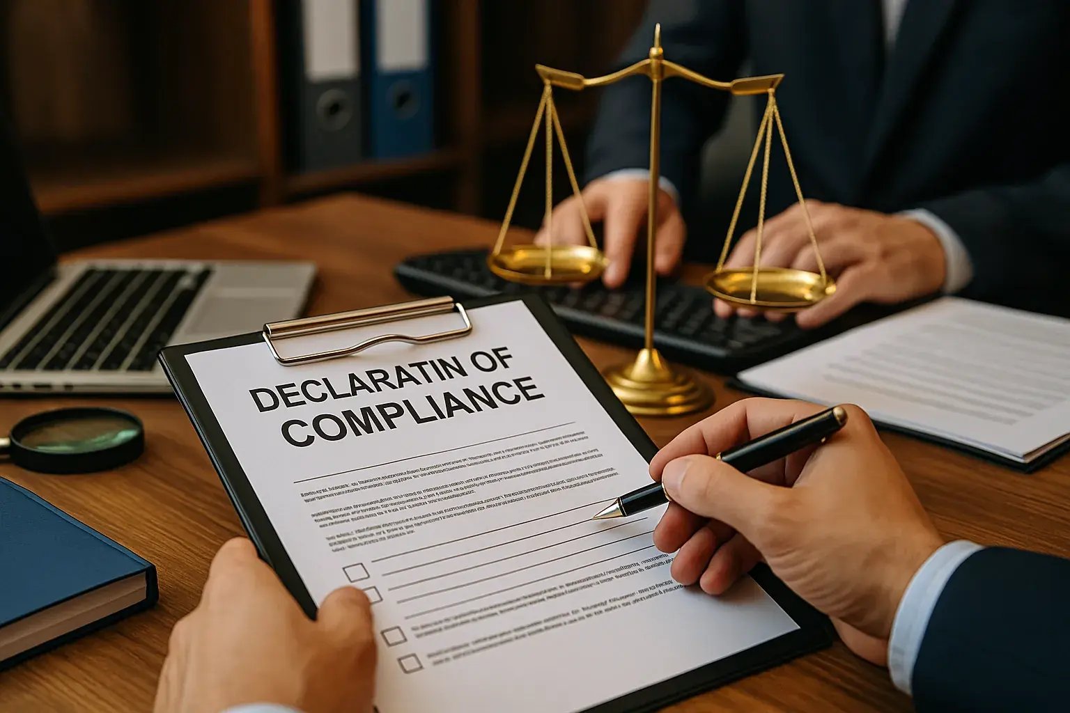 Nahaufnahme einer Hand, die eine Compliance-Erklärung unterschreibt, mit Waage und Laptop im Hintergrund.