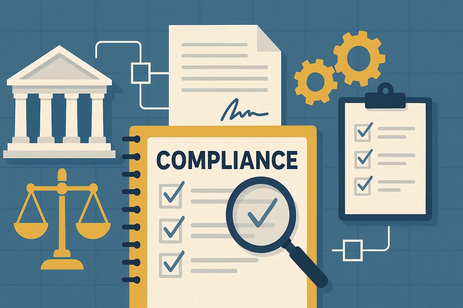 Grafische Darstellung von Compliance, einschließlich Checklisten und rechtlichen Symbolen, zur Verdeutlichung von Vorschriften.